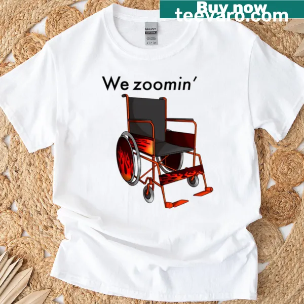 Playful illustration of a moving wheelchair on a t-shirt.