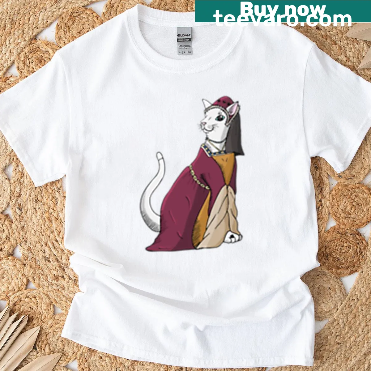 T-shirt featuring a Tudor-style cat icon graphic — on a men's t-shirt