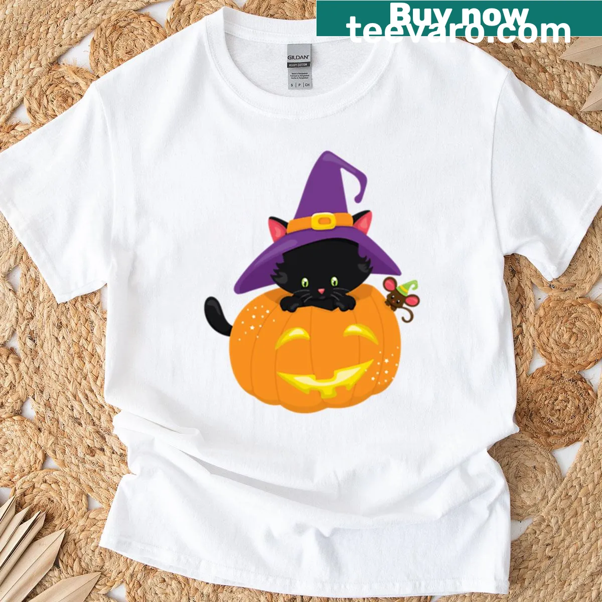 Cute kitten in a witch hat inside a Halloween pumpkin graphic — on a men's t-shirt