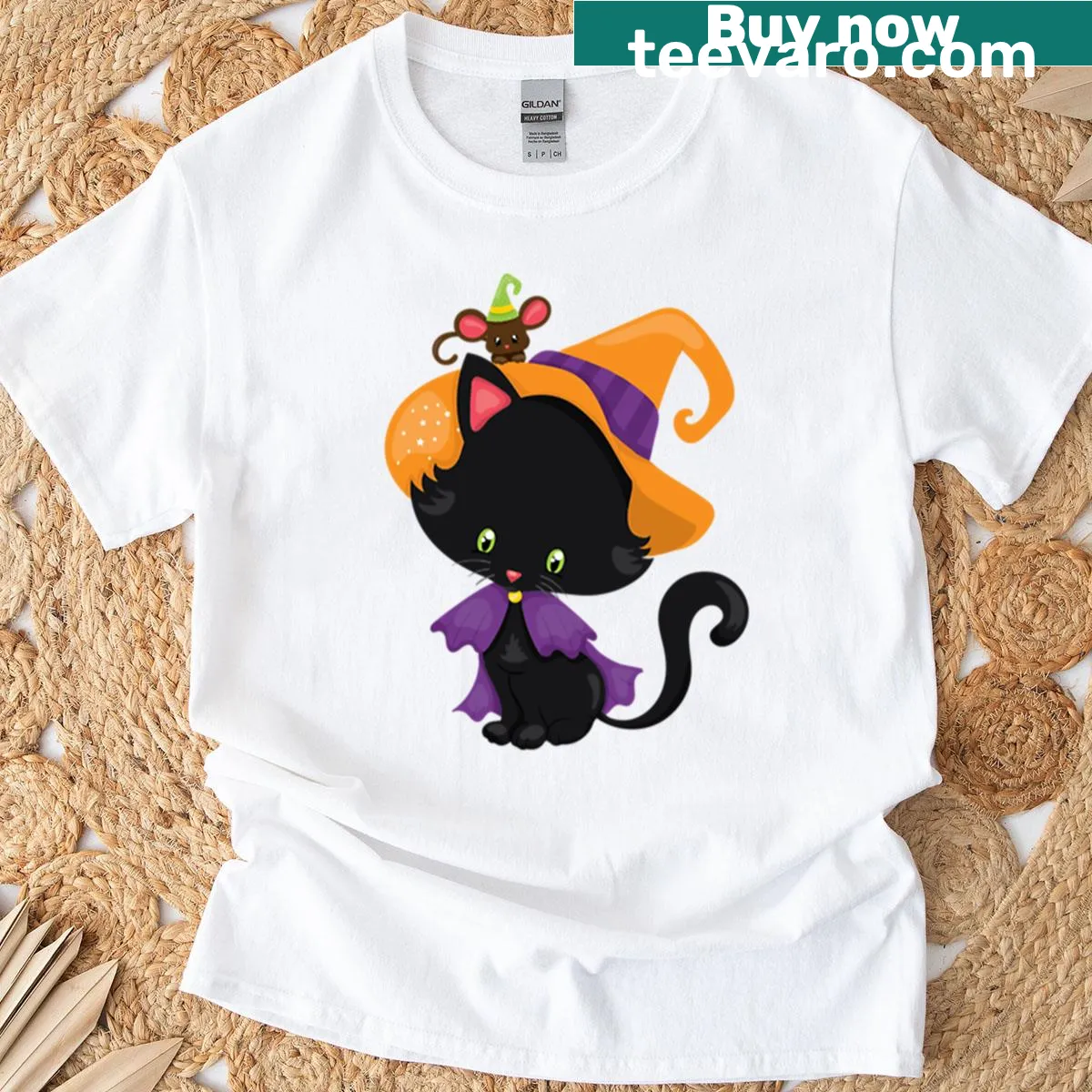 Cute T-shirt featuring a kitten witch with a mouse familiar. — on a men's t-shirt
