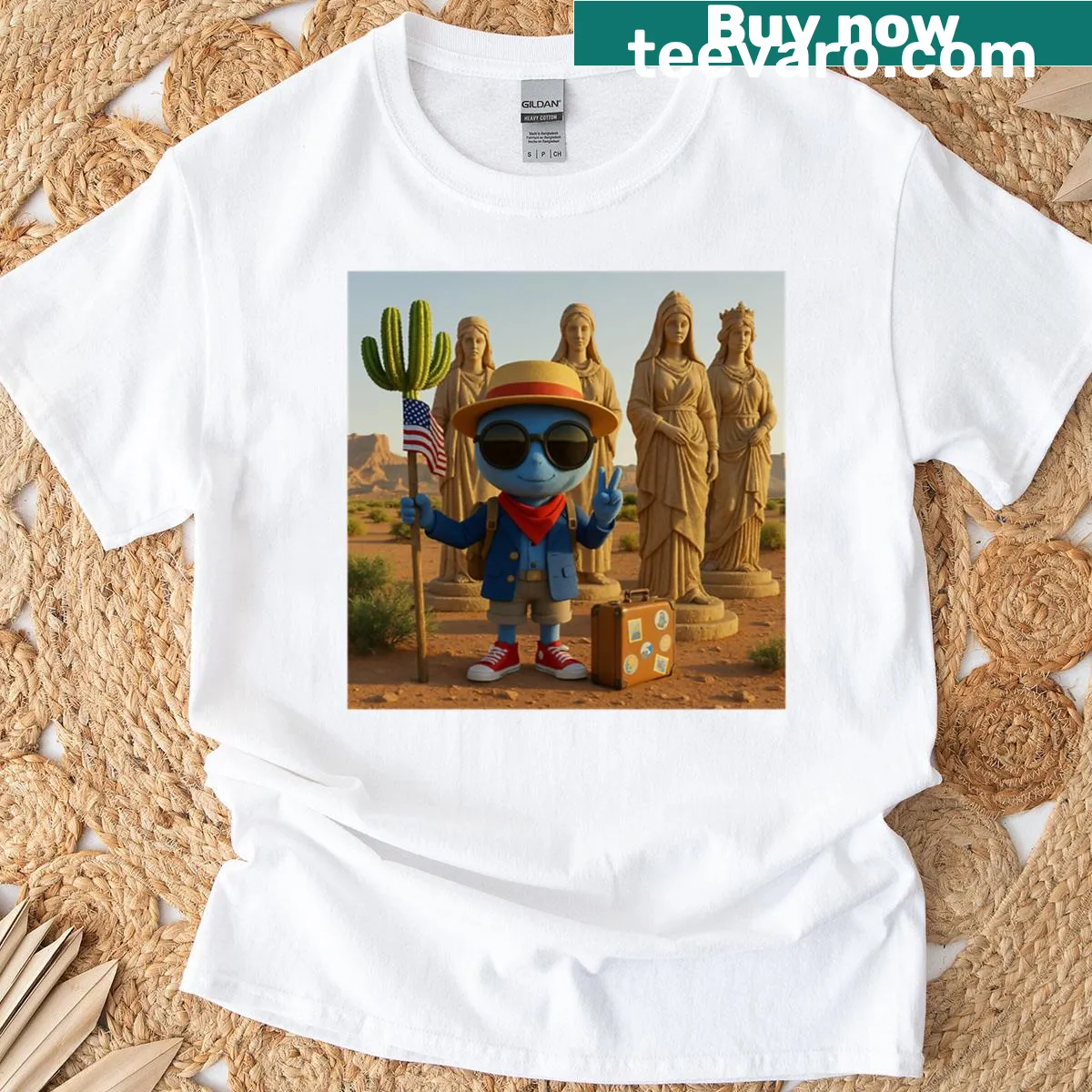 Artistic T-shirt depicting Wotus meeting the Desert Mothers. — on a men's t-shirt