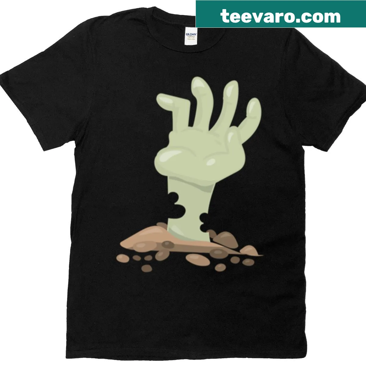 Zombie hand graphic emerging from the ground on a black T-shirt — on a men's t-shirt