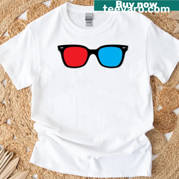 T-shirt featuring a playful graphic of classic 3D glasses