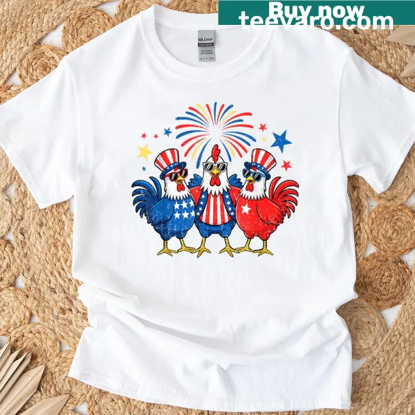 Patriotic T-shirt featuring chickens with stars and stripes design