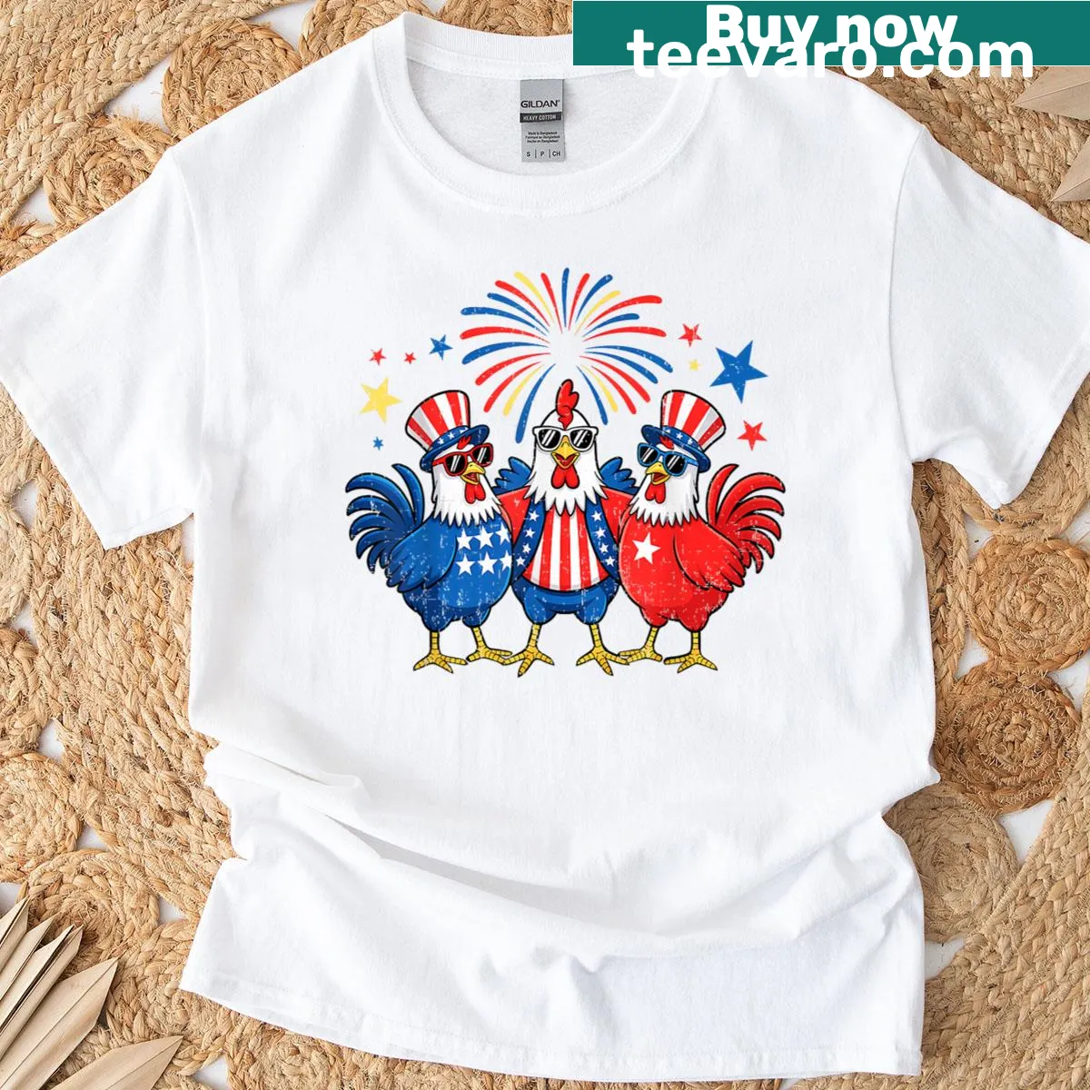 Patriotic T-shirt featuring chickens with stars and stripes design — on a men's t-shirt