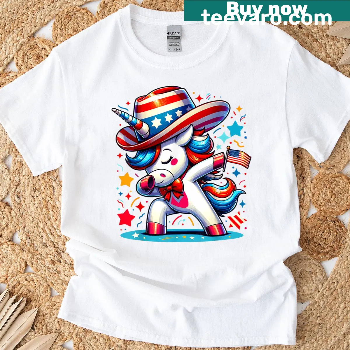 Cartoon unicorn dab graphic on T-shirt for Fourth of July — on a men's t-shirt