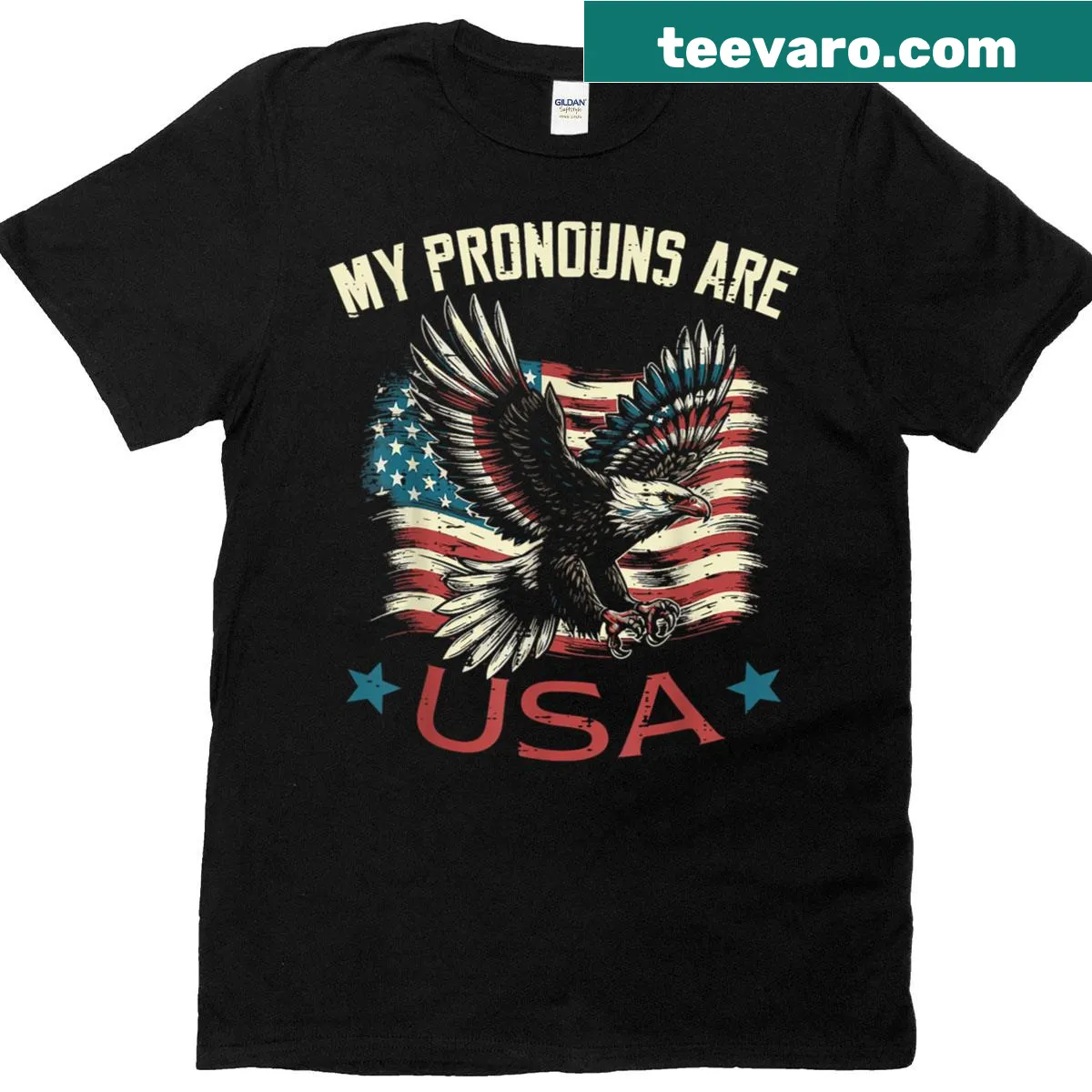 Fourth of July eagle graphic with My Pronouns text — on a men's t-shirt