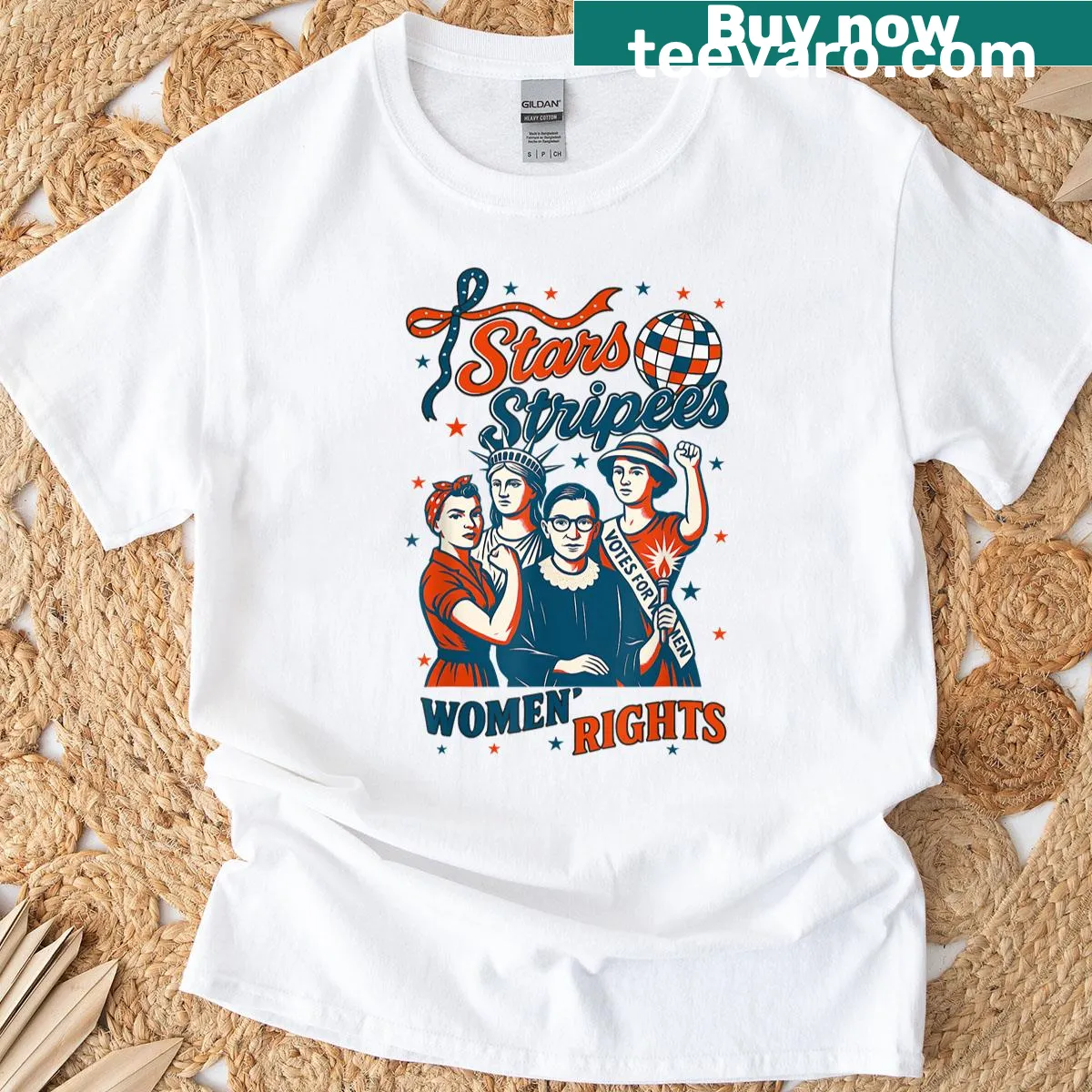 4th of July T-shirt featuring feminist message with stars and stripes — on a men's t-shirt
