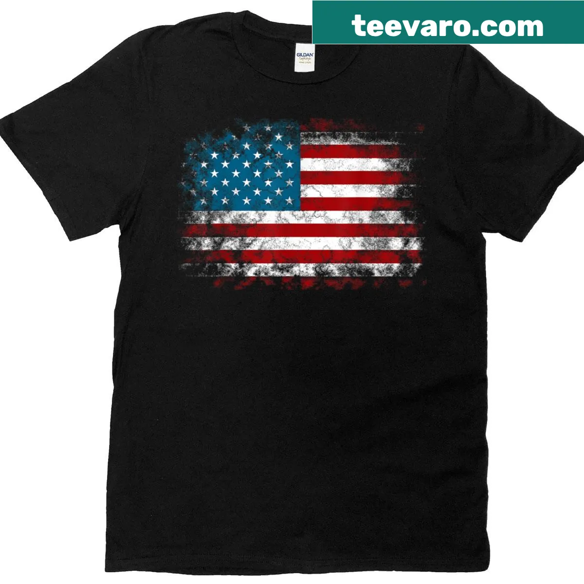 Illustrated T-shirt with red, white, and blue flag design — on a men's t-shirt