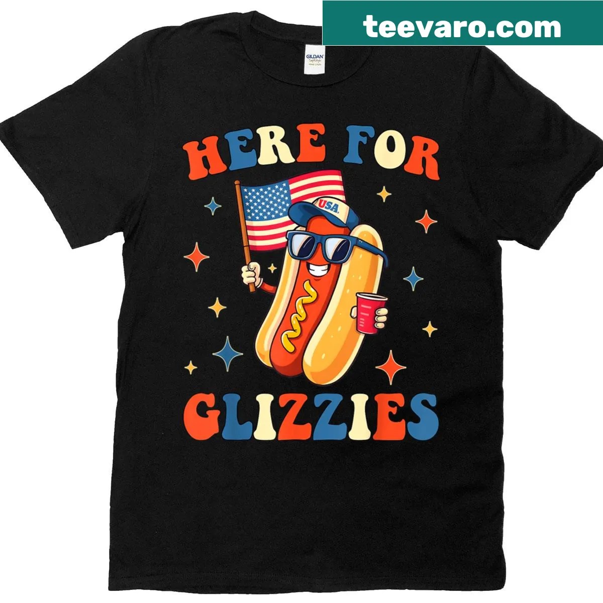 Funny 4th of July t-shirt with hotdog graphic and text — on a men's t-shirt