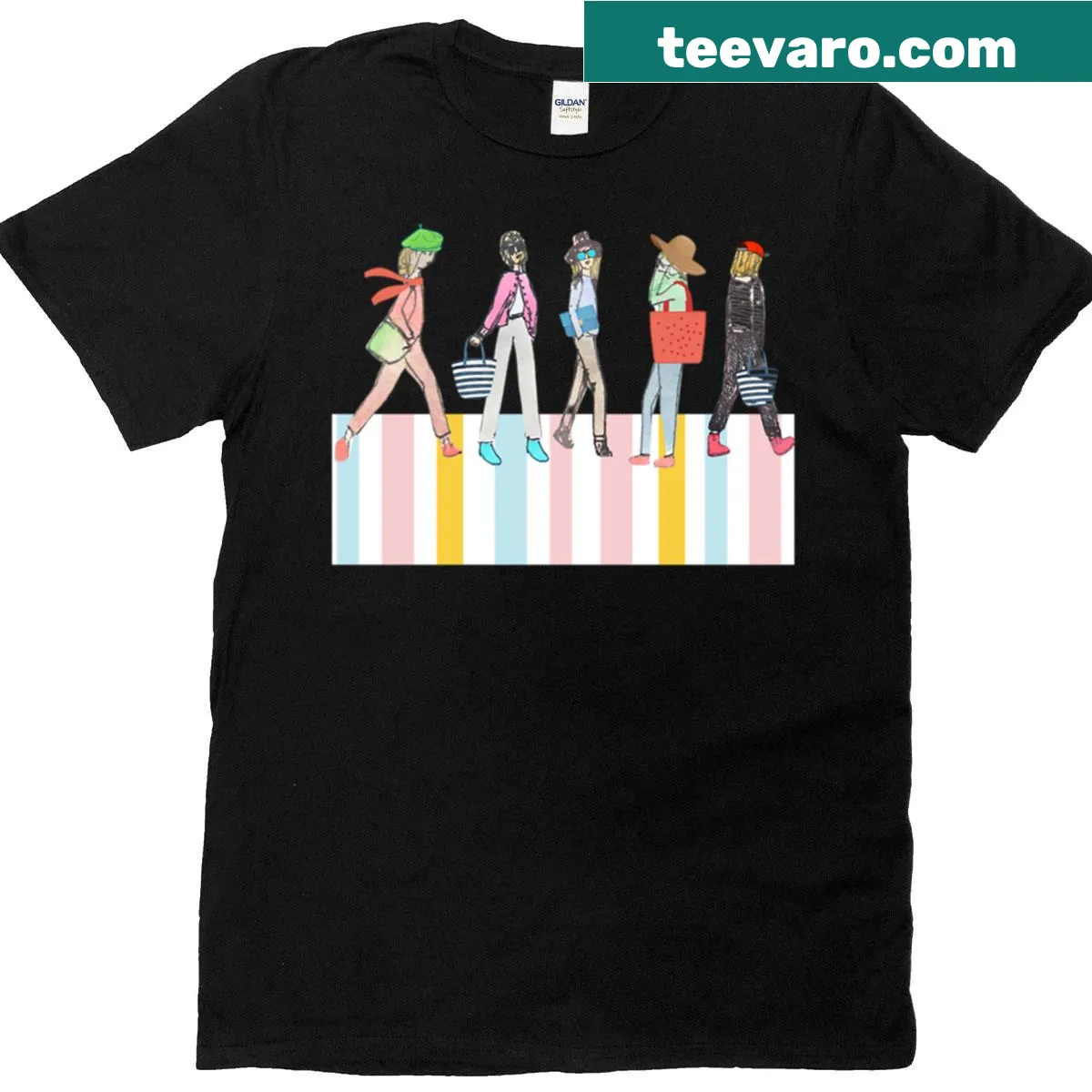 Playful illustration of five women crossing a zebra pattern — on a men's t-shirt