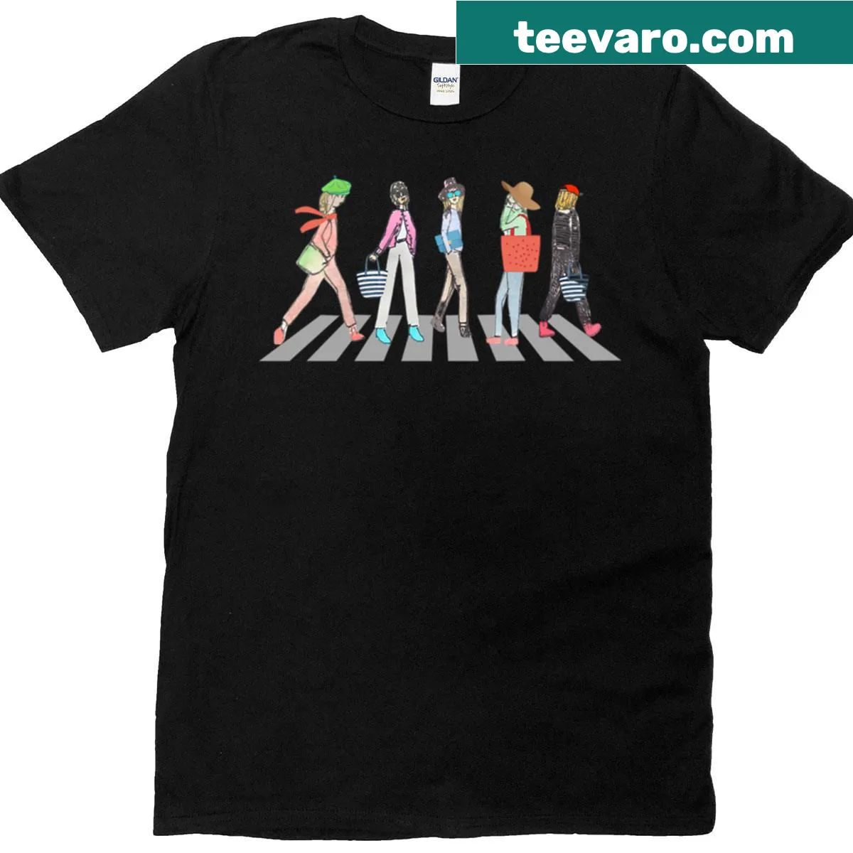 Illustration of five women on zebra crossing T-shirt. — on a men's t-shirt