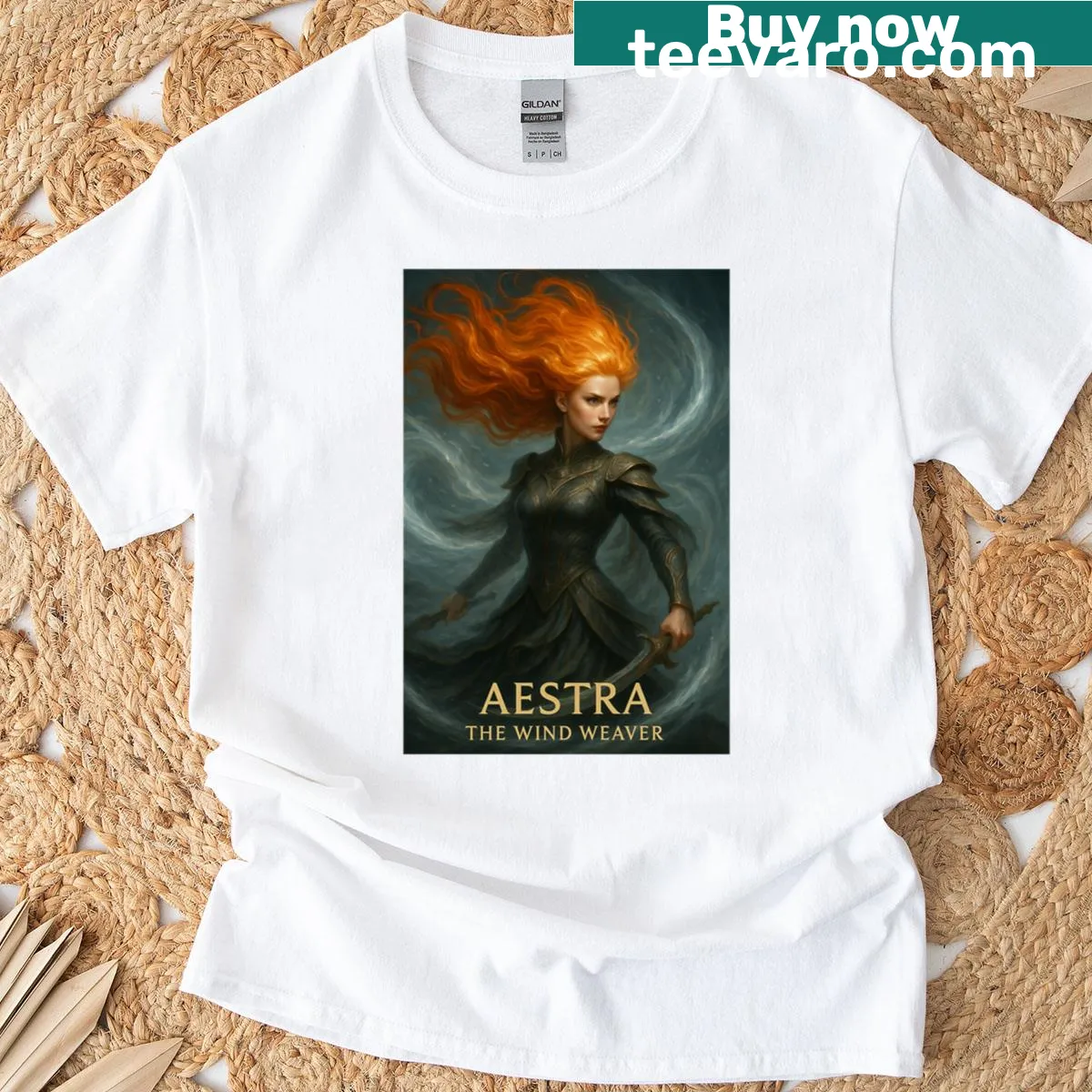 Fantasy art T-shirt featuring Aestra, the Wind Weaver, in an illustrative design — on a men's t-shirt