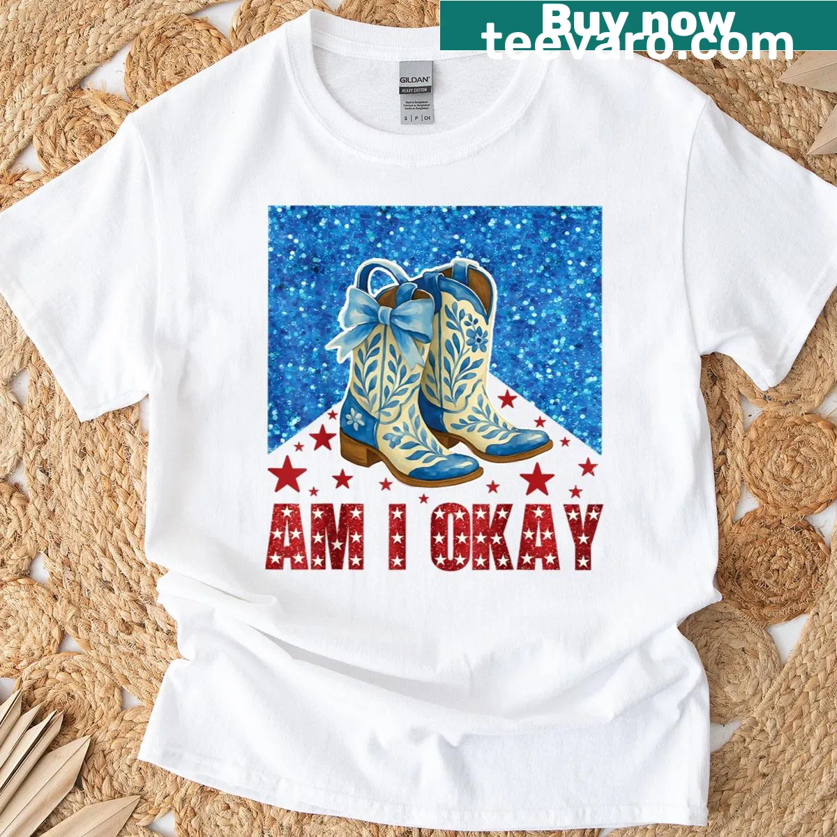 Fun typography t-shirt featuring a playful cowgirl theme with boots and bows — on a men's t-shirt