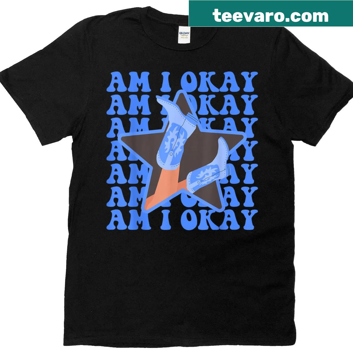Playful T-shirt with cowgirl boots and 'Am I Okay?' text — on a men's t-shirt