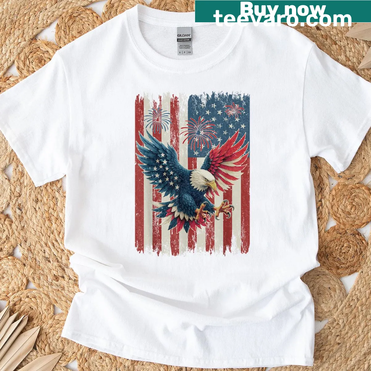Patriotic t-shirt with a bald eagle and American flag graphic — on a men's t-shirt