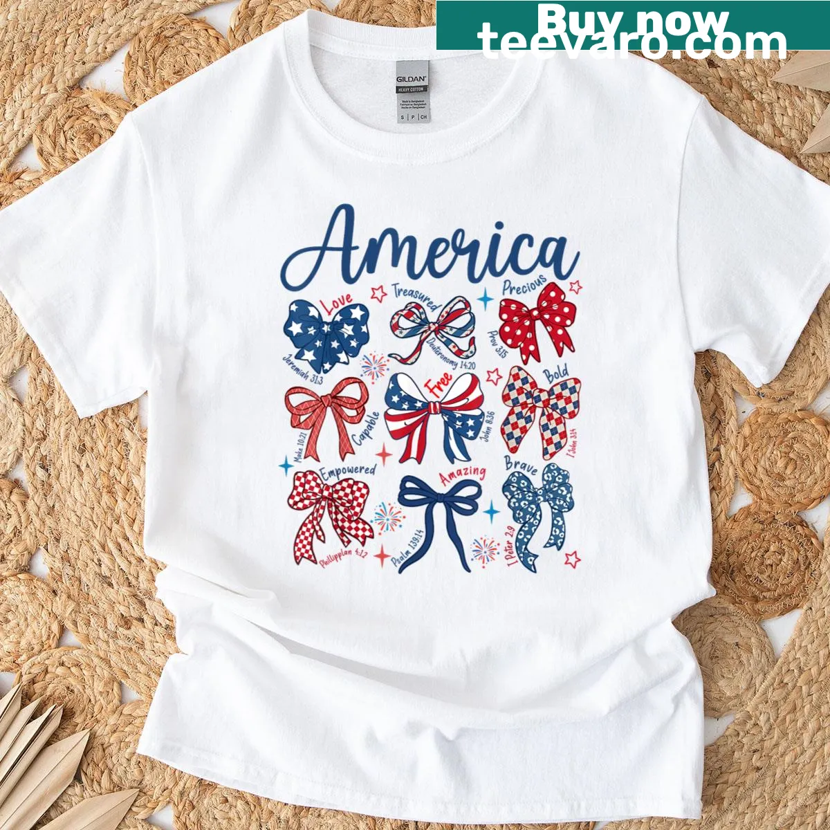Patriotic t-shirt with an American flag and stylish bow graphic — on a men's t-shirt