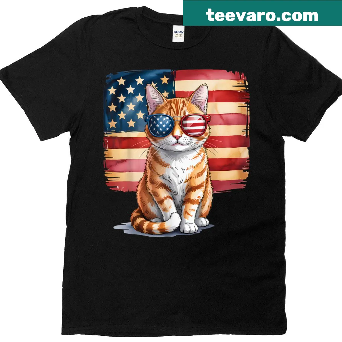 Patriotic cat T-shirt with American flag design for July 4th — on a men's t-shirt