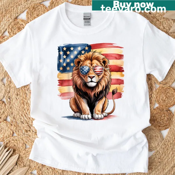 T-shirt featuring a lion graphic merged with the American flag