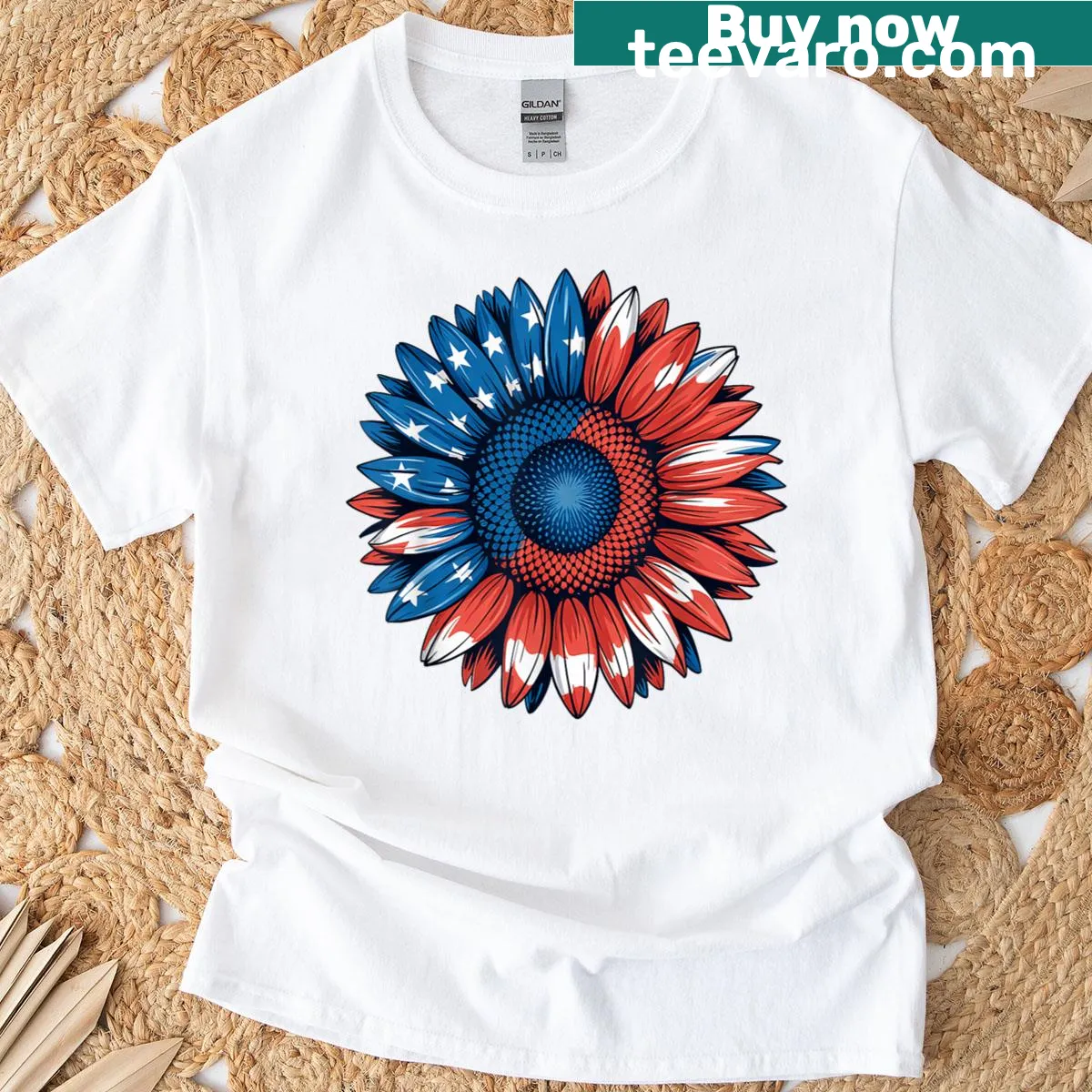 T-shirt featuring an American flag intertwined with a sunflower graphic — on a men's t-shirt