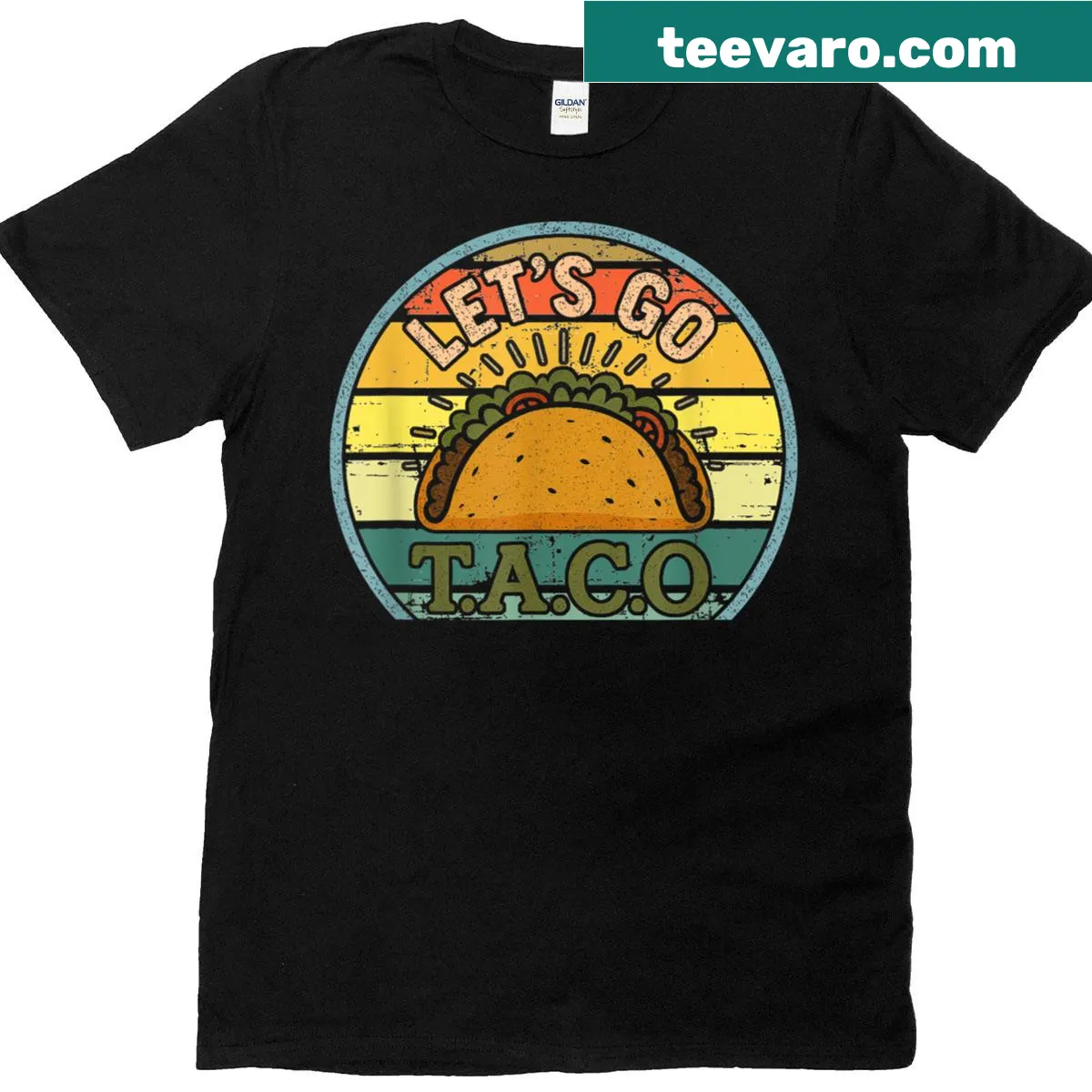 Funny patriotic T-shirt with 'Let's Go Taco' text — on a men's t-shirt