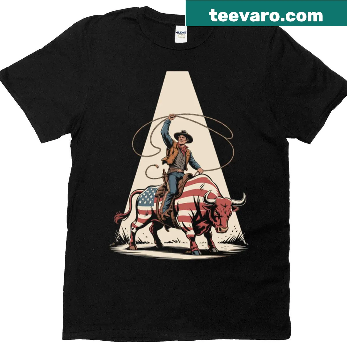 Bull rider illustration with American flag graphic T-shirt — on a men's t-shirt