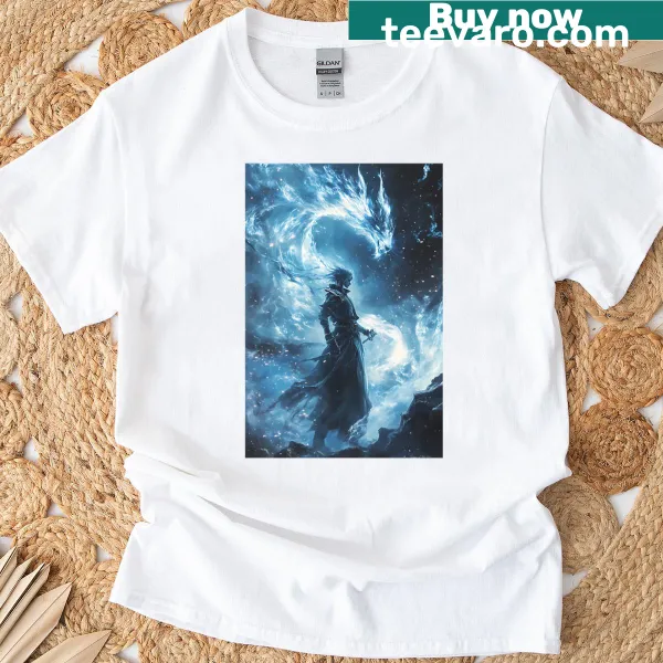 Illustrative design of a summoner invoking ancient magic on t-shirt