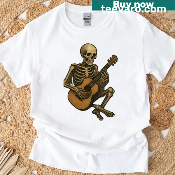 Skeleton playing classical guitar graphic on t-shirt