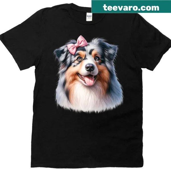 Illustration of an Australian Shepherd with a pink bow