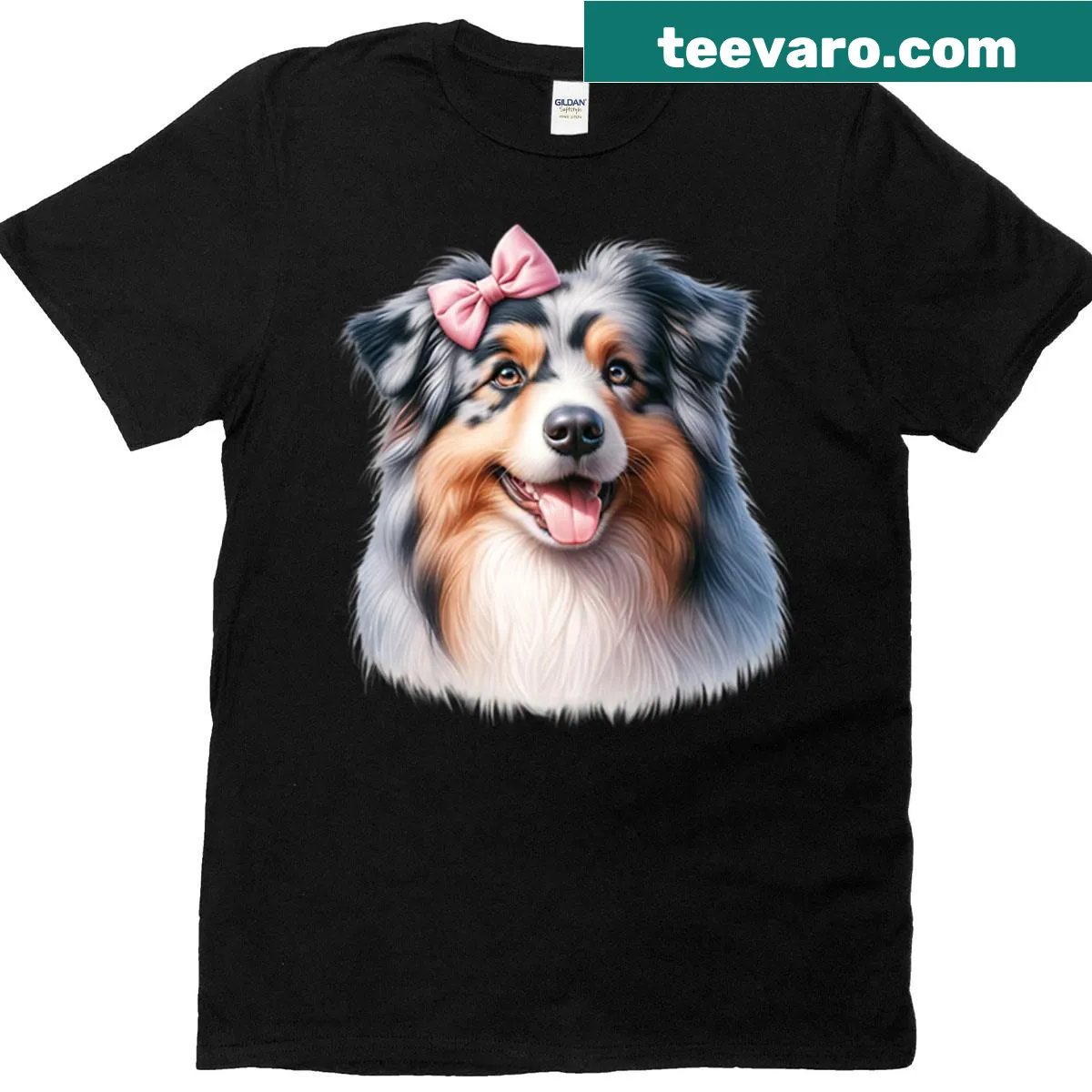 Illustration of an Australian Shepherd with a pink bow — on a men's t-shirt