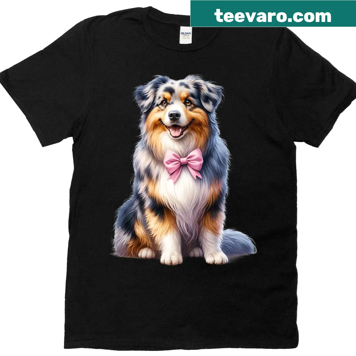 Illustration of an Australian Shepherd wearing a pink bowtie on a T-shirt — on a men's t-shirt