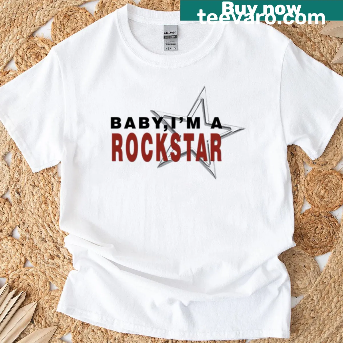 Bold typography T-shirt featuring 'Baby, I’m a Rockstar' text — on a men's t-shirt