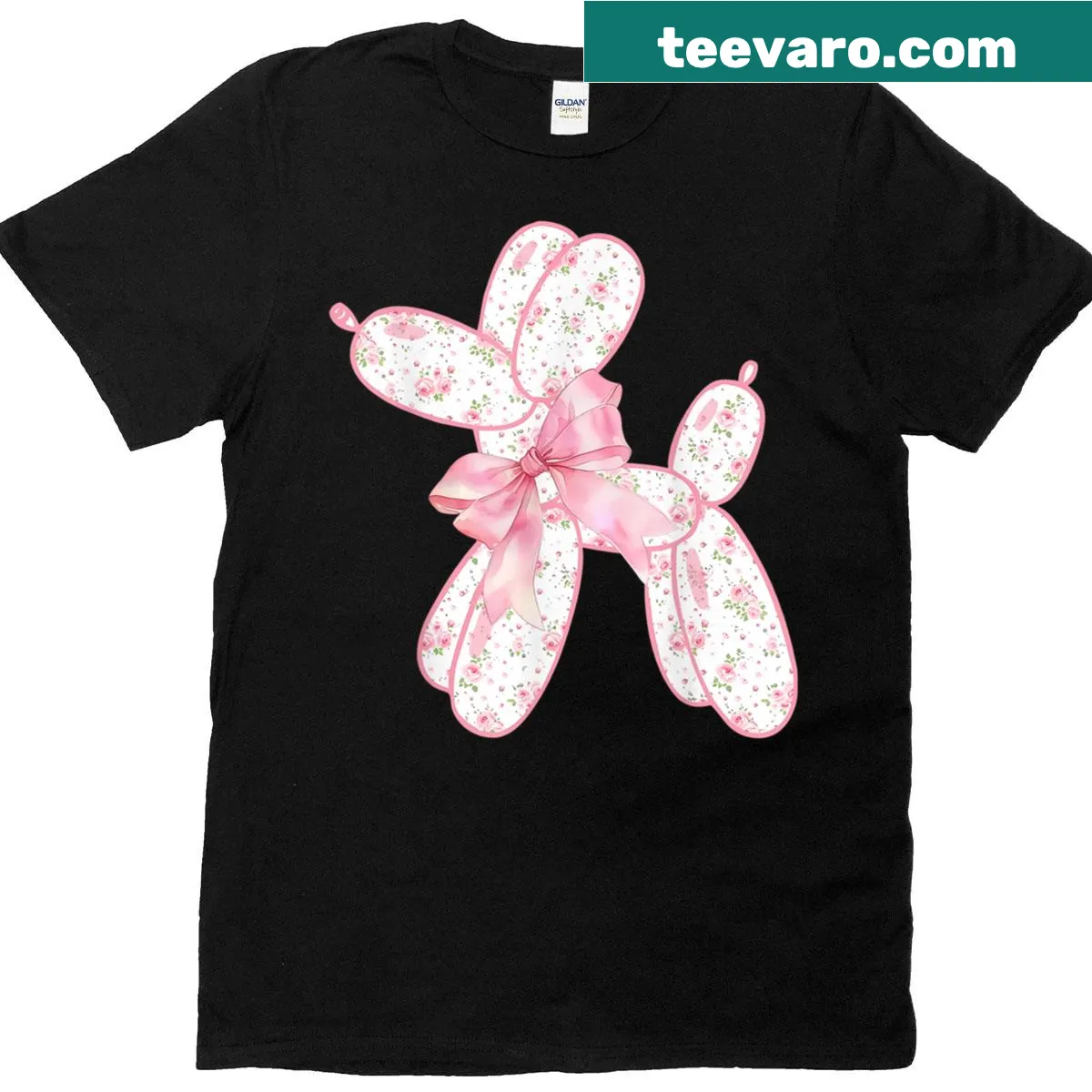Illustrated T-shirt featuring a balloon dog with floral design and bow — on a men's t-shirt