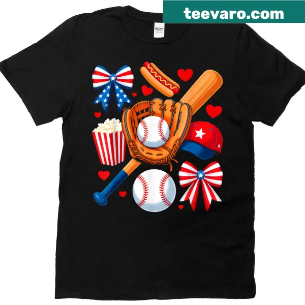 T-shirt with baseball-themed design and coquette bow