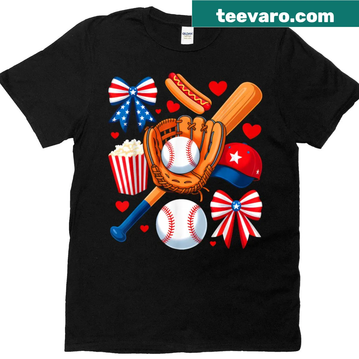 T-shirt with baseball-themed design and coquette bow — on a men's t-shirt