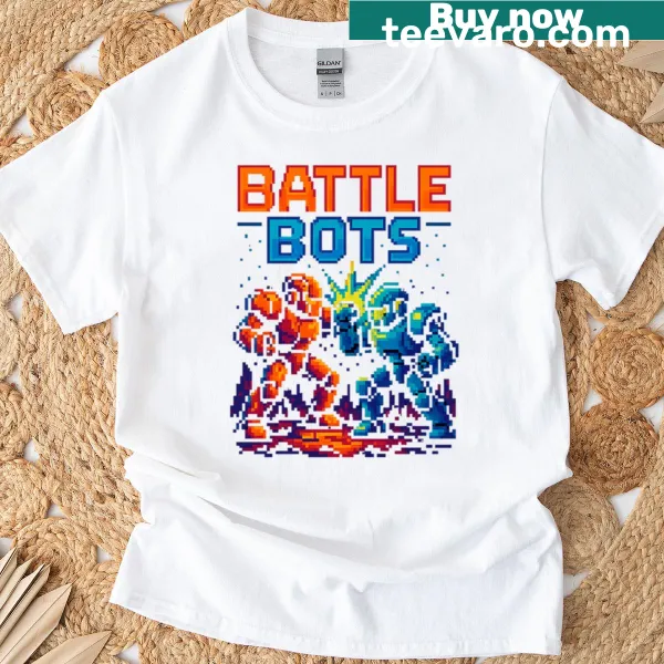 Retro pixel art T-shirt featuring battling robots