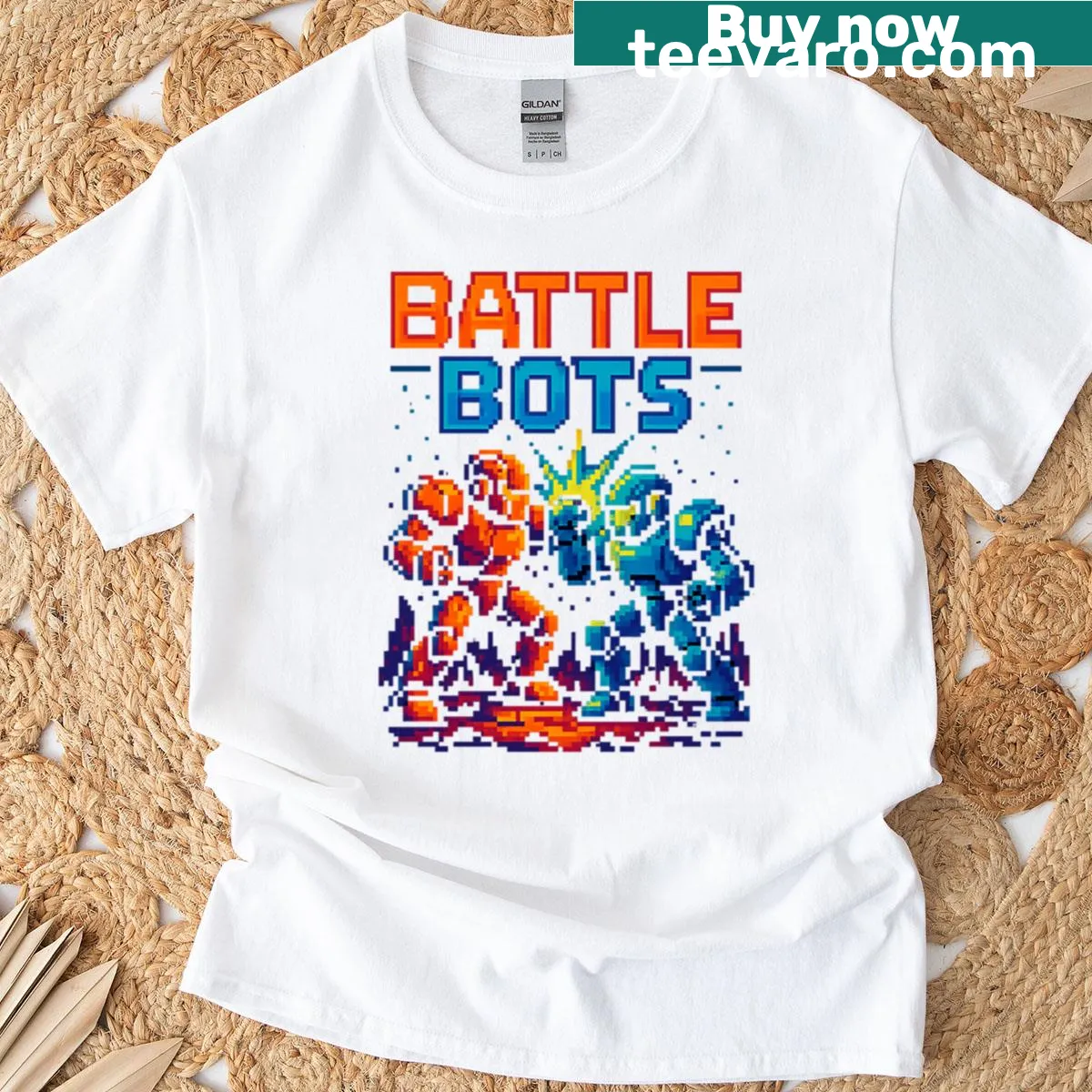 Retro pixel art T-shirt featuring battling robots — on a men's t-shirt
