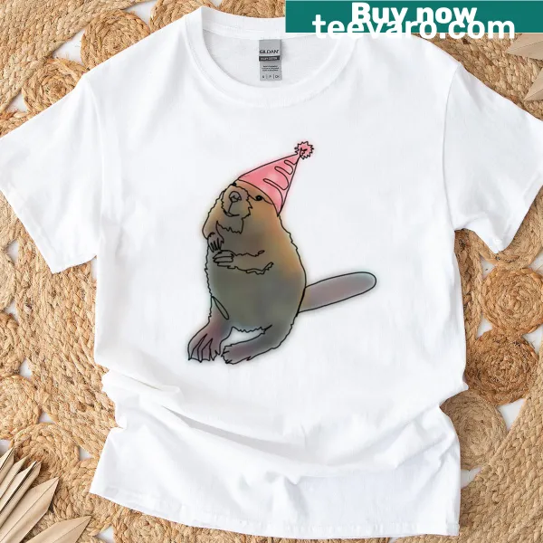 Cute beaver in a pink party hat on a cheerful T-shirt