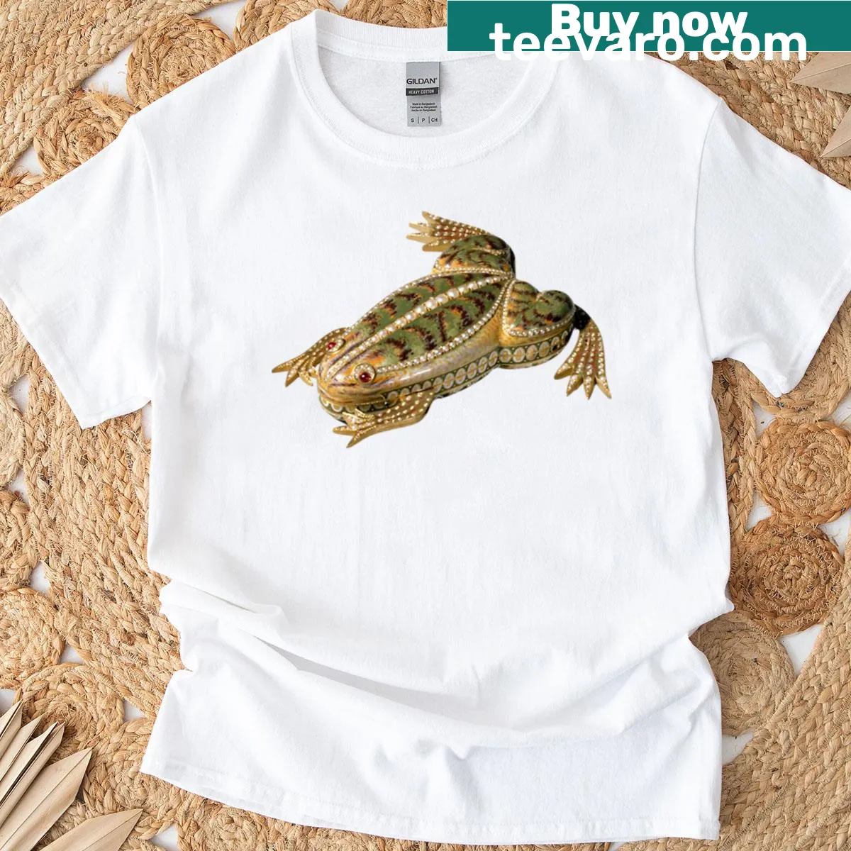Unique T-shirt featuring a bejeweled frog automaton design — on a men's t-shirt