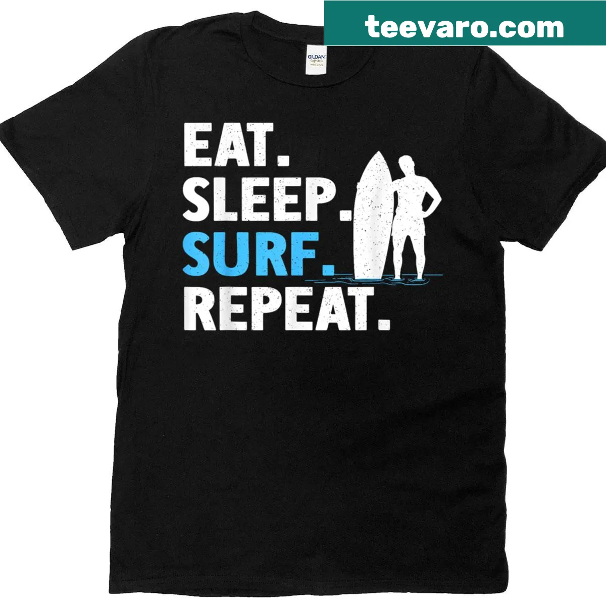 T-shirt featuring illustrated surfing art with surfboards — on a men's t-shirt
