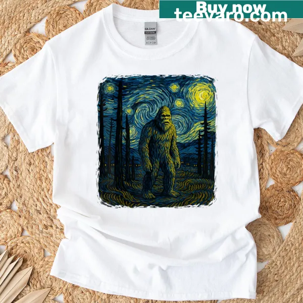 Whimsical t-shirt featuring Bigfoot in a Van Gogh starry night scene