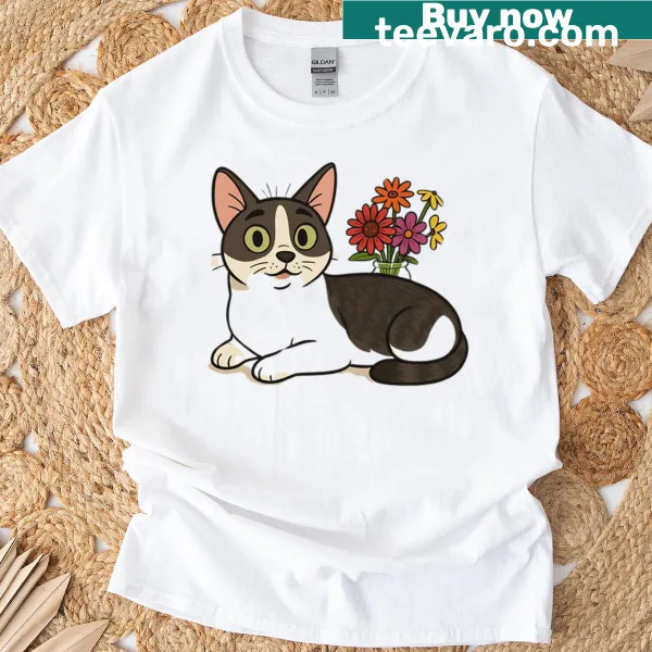 Illustrated T-shirt featuring a black and white cat