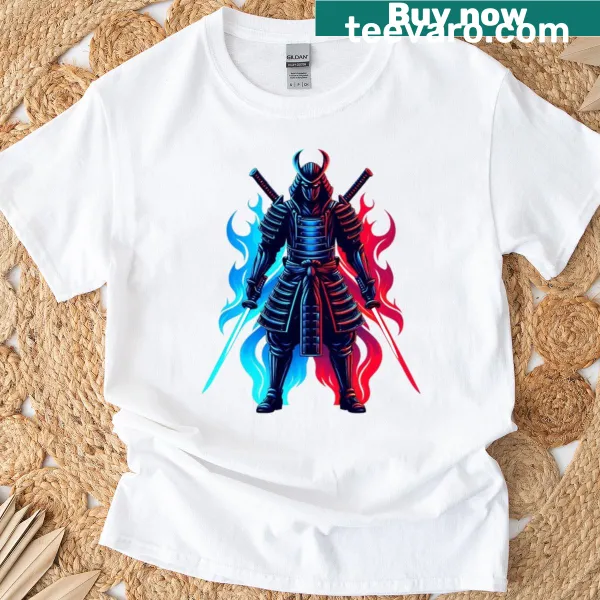Neon art T-shirt featuring a samurai warrior with red and blue flames