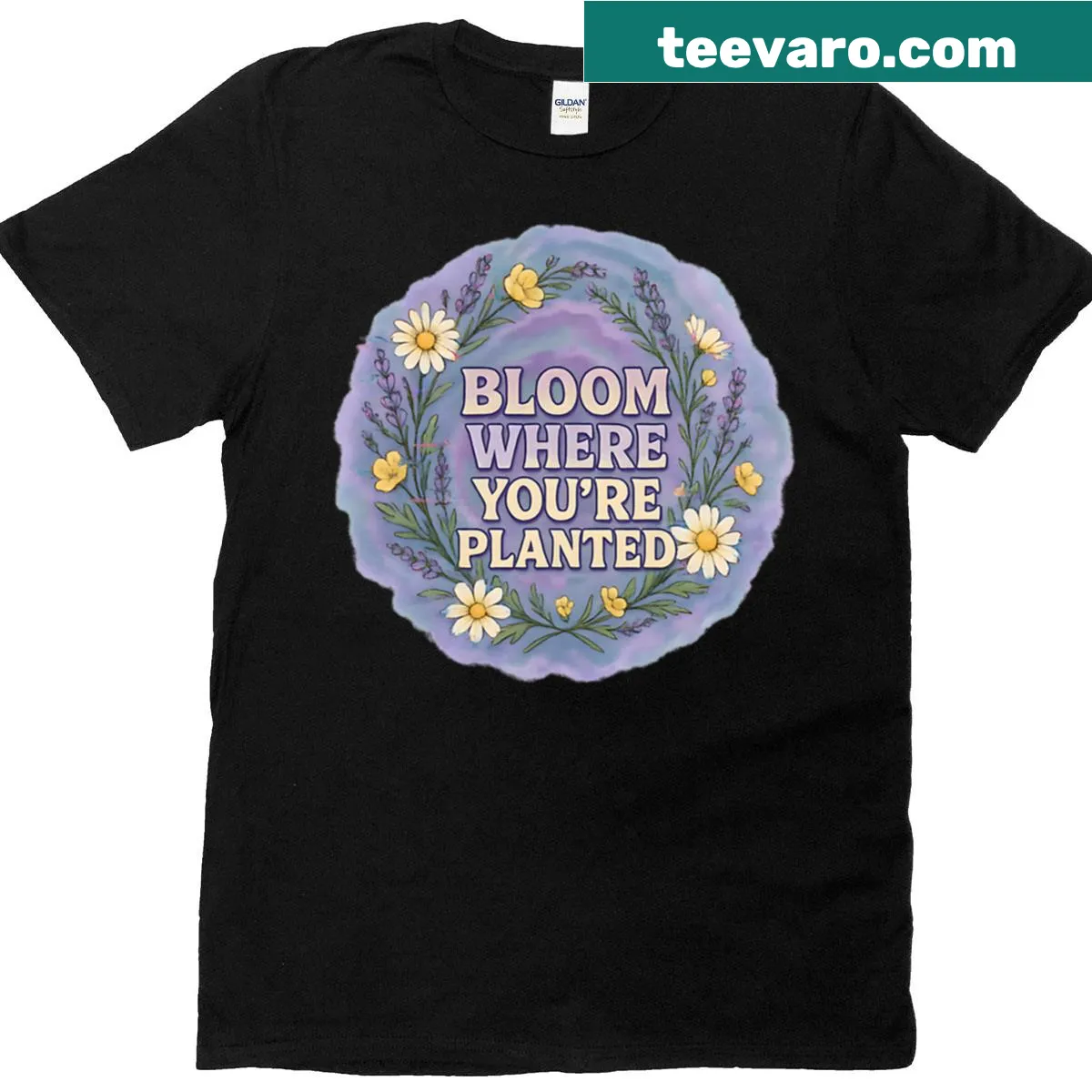 Watercolor design with daisies, lavender, and inspirational quote on a t-shirt — on a men's t-shirt