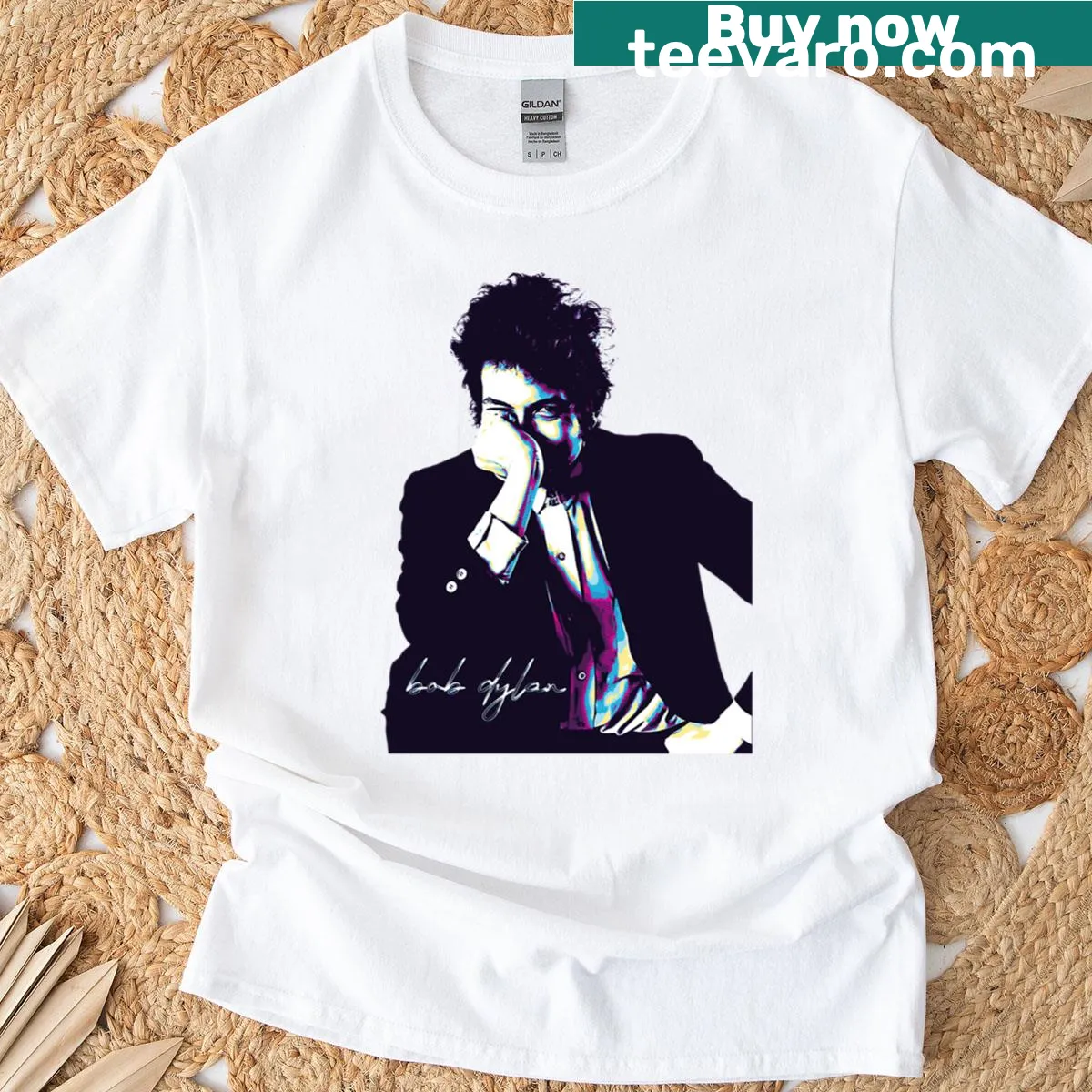 Bold Bob Dylan pop art t-shirt with dynamic graphics — on a men's t-shirt