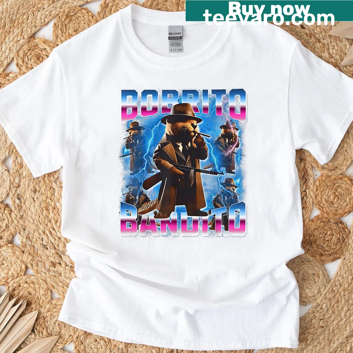 Funny T-shirt featuring Bobrito-bandito character design — on a men's t-shirt