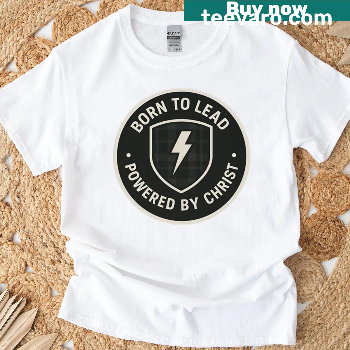 Bold Christian T-shirt featuring lightning shield design — on a men's t-shirt