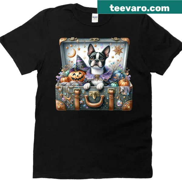 Halloween-themed T-shirt featuring a playful Boston Terrier in festive attire.