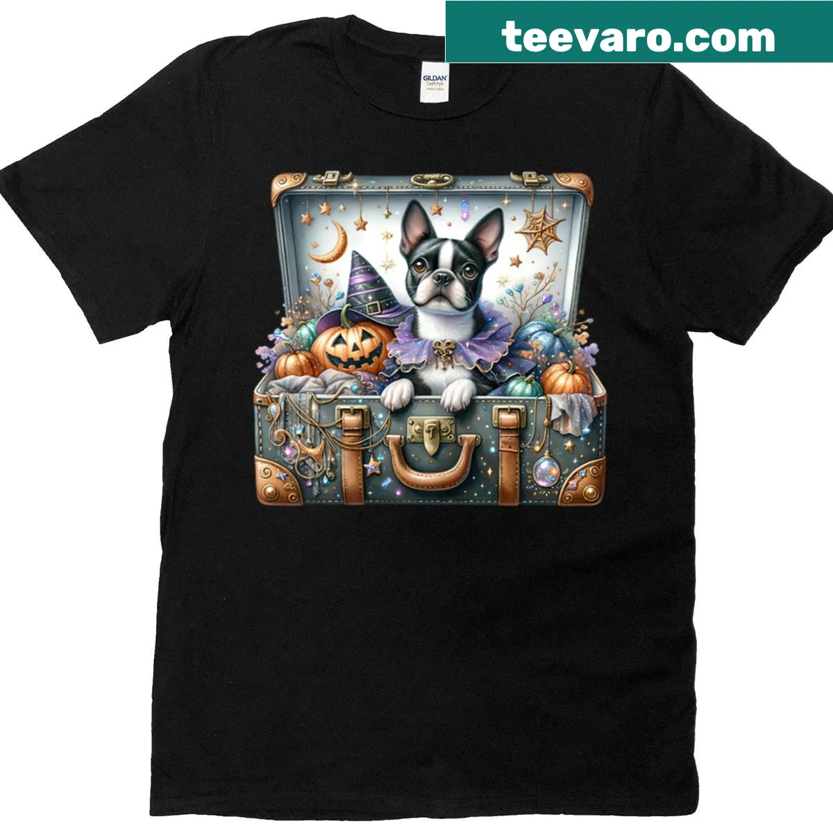 Halloween-themed T-shirt featuring a playful Boston Terrier in festive attire. — on a men's t-shirt