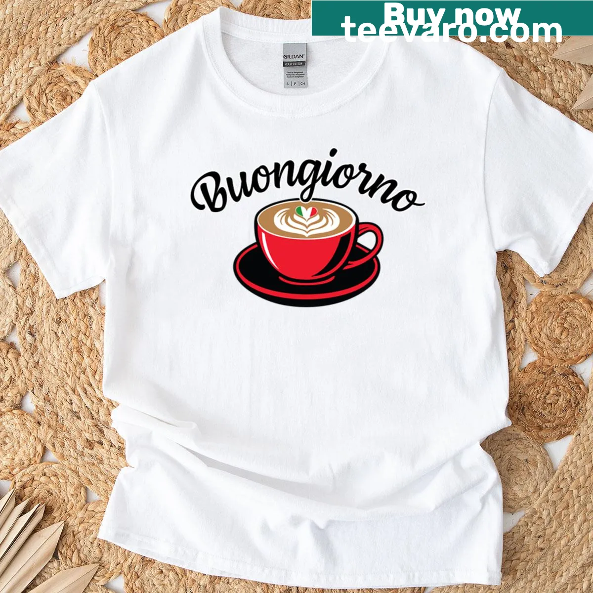 Illustration of a cappuccino topped with an Italian flag heart on a T-shirt. — on a men's t-shirt
